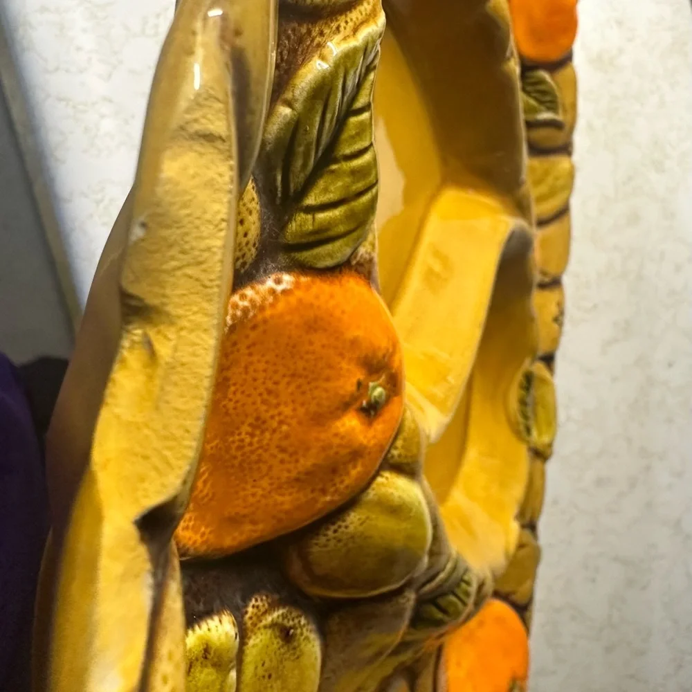 Vintage Mid-Century Modern Glazed Ceramic Divided Serving Tray 3D Fruit Motif